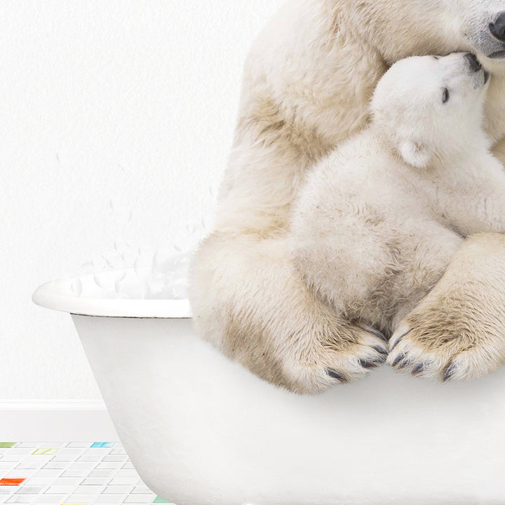 a mother polar bear and her cub in a bathtub