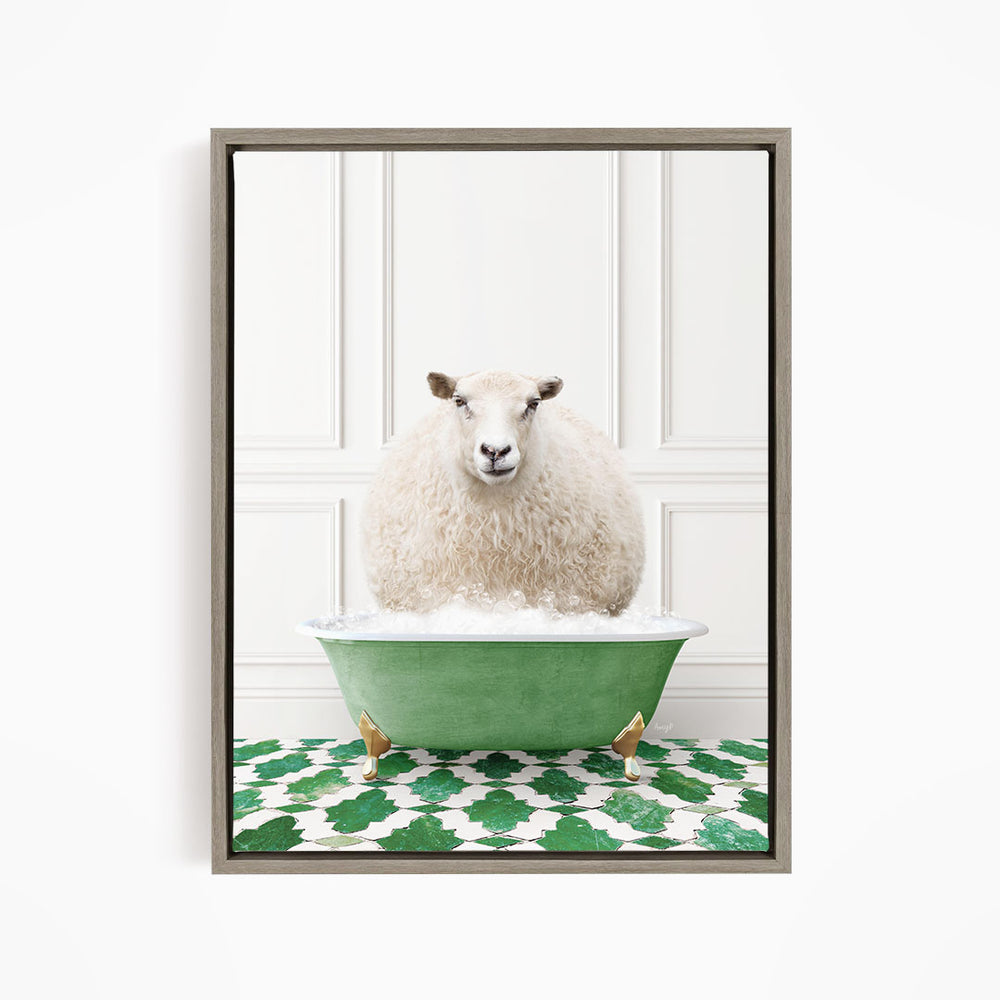 A fluffy white sheep sits in a green bathtub, surrounded by a patterned green and white floor.