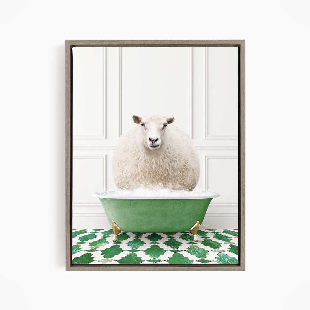 A fluffy white sheep sits in a green bathtub, surrounded by a patterned green and white floor.