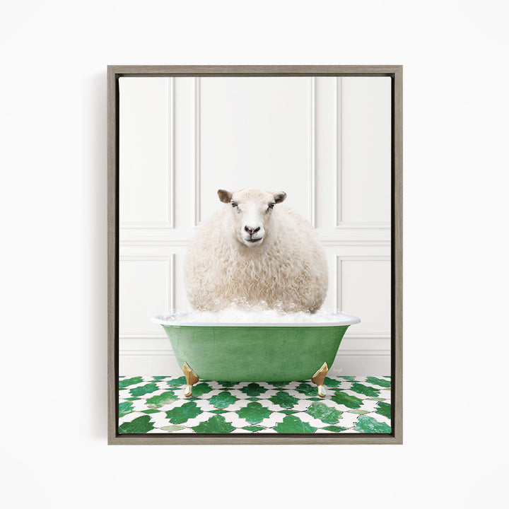 A fluffy white sheep sits in a green bathtub, surrounded by a patterned green and white floor.