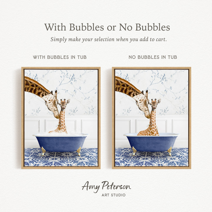 The image is a collage of two framed pictures depicting giraffes in a bathtub. The text above the images reads "With Bubbles or No Bubbles" and below the images, it says "Simply make your selection when you add to cart." The text at the bottom of the image says " Amy Peterson ART STUDIO."