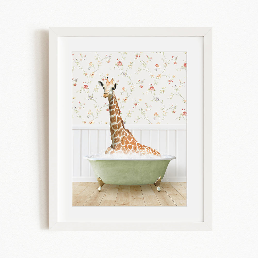 A giraffe sitting in a green bathtub filled with bubbles, surrounded by a floral wallpaper.