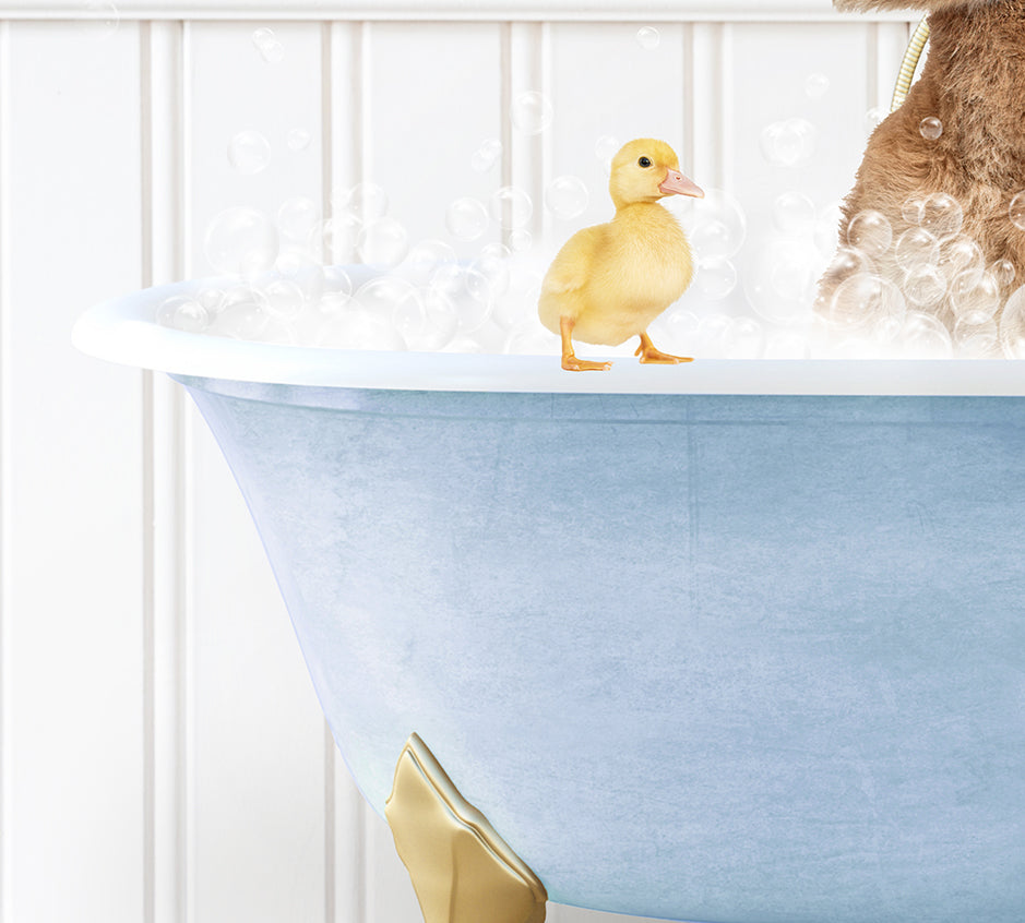 a teddy bear and a duck in a bathtub