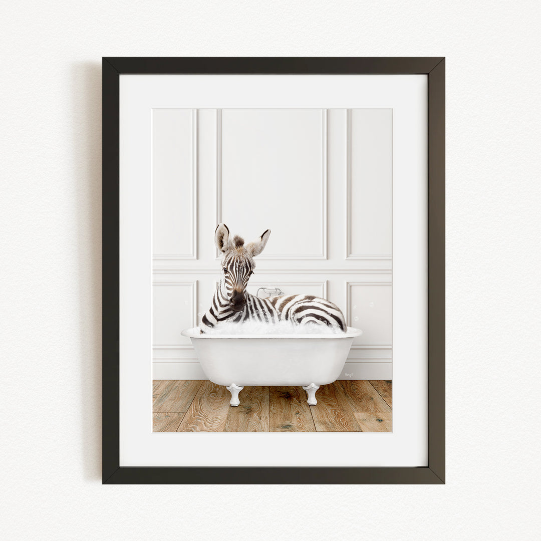 A zebra is sitting in a white bathtub, surrounded by a wooden floor and white walls.