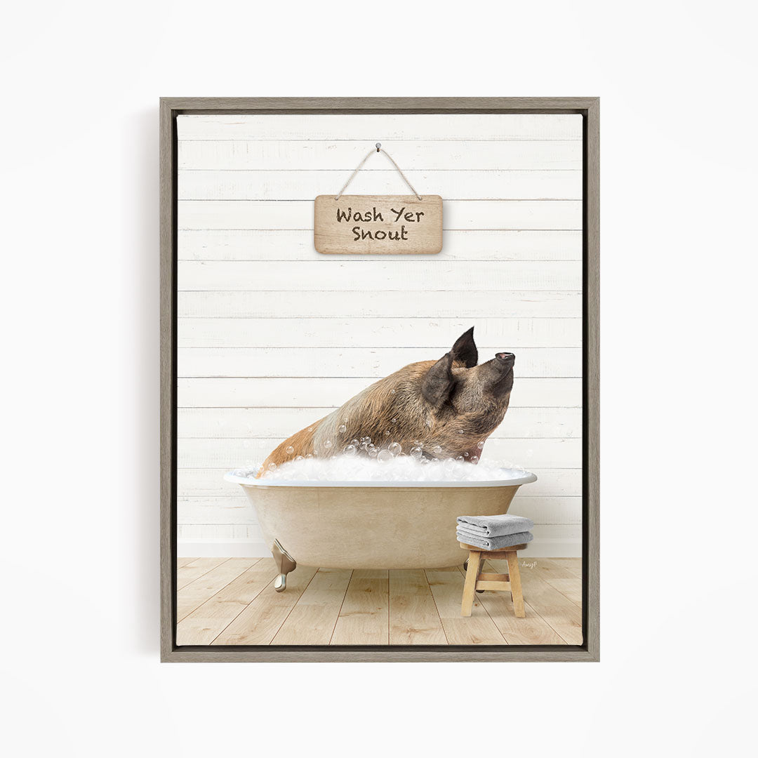 A pig sitting in a bathtub, with a sign above it that says "Wash Yer Snout".