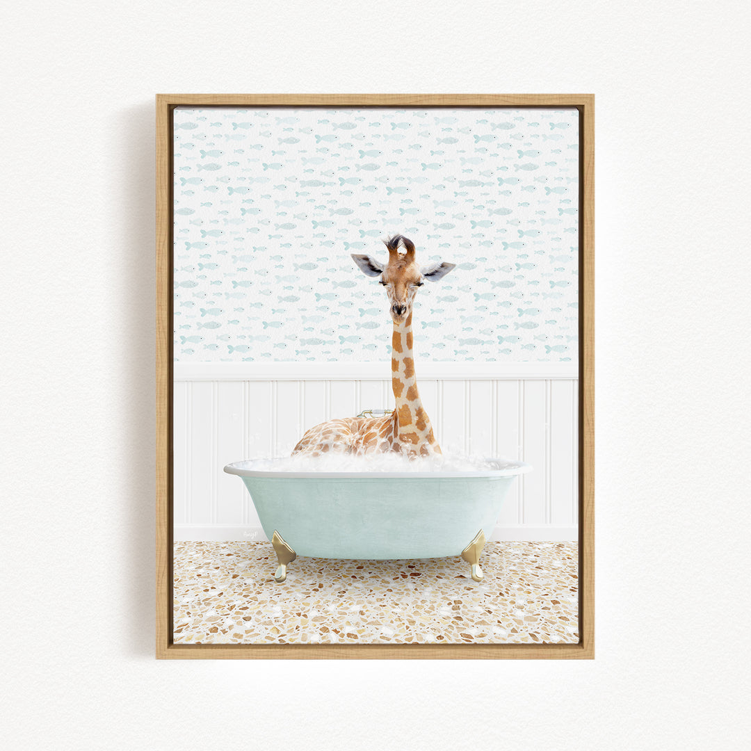 A giraffe sitting in a bathtub filled with bubbles, surrounded by a patterned wall.