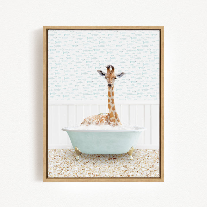 A giraffe sitting in a bathtub filled with bubbles, surrounded by a patterned wall.