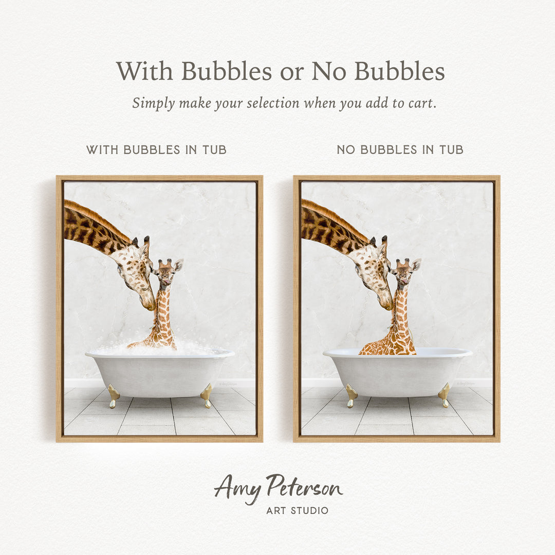 The image is a collage of two framed pictures depicting giraffes in bathtubs. The first picture shows a giraffe in a tub with bubbles, while the second picture shows a giraffe in a tub without bubbles. The text above the images reads "With Bubbles or No Bubbles Simply make your selection when you add to cart."