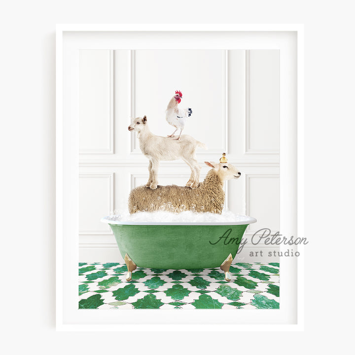 a picture of a sheep and a chicken on top of a bathtub