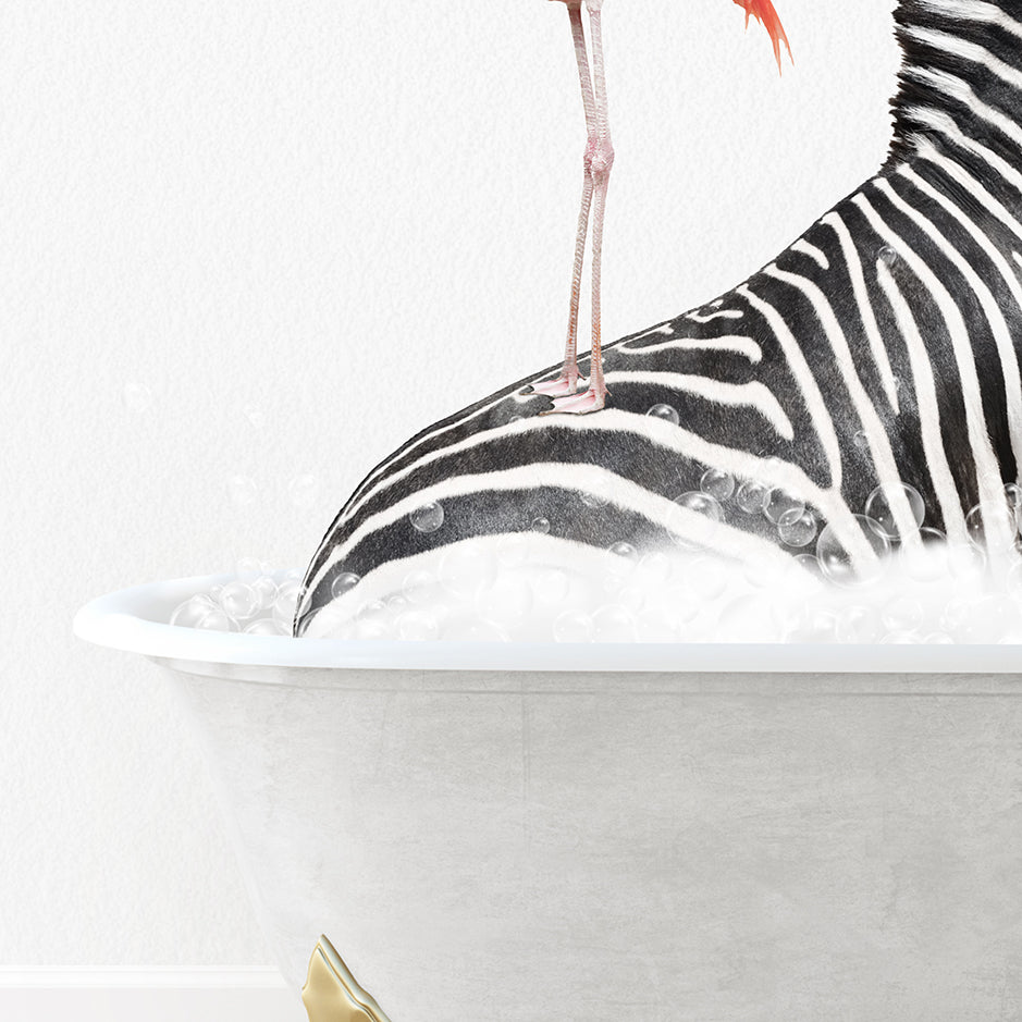 a zebra in a bathtub with a bird on top of it