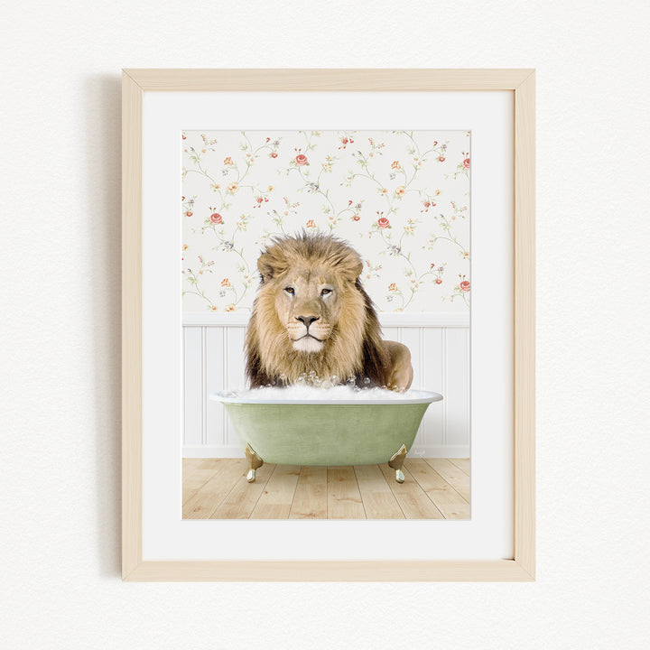 A lion sitting in a green bathtub, surrounded by a floral wallpaper.