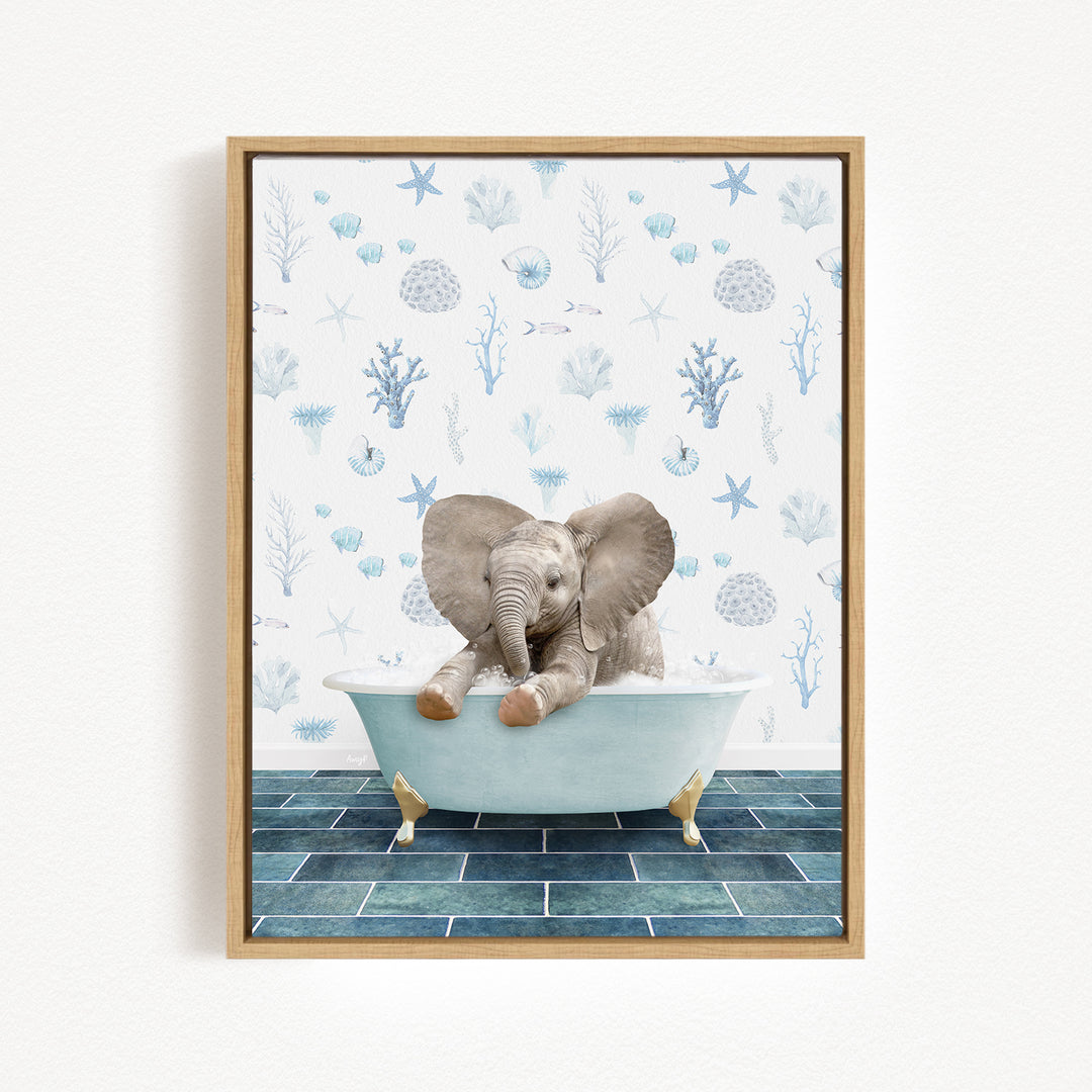 A baby elephant sitting in a bathtub filled with water, surrounded by blue and white seashells and starfish on the wall behind it.