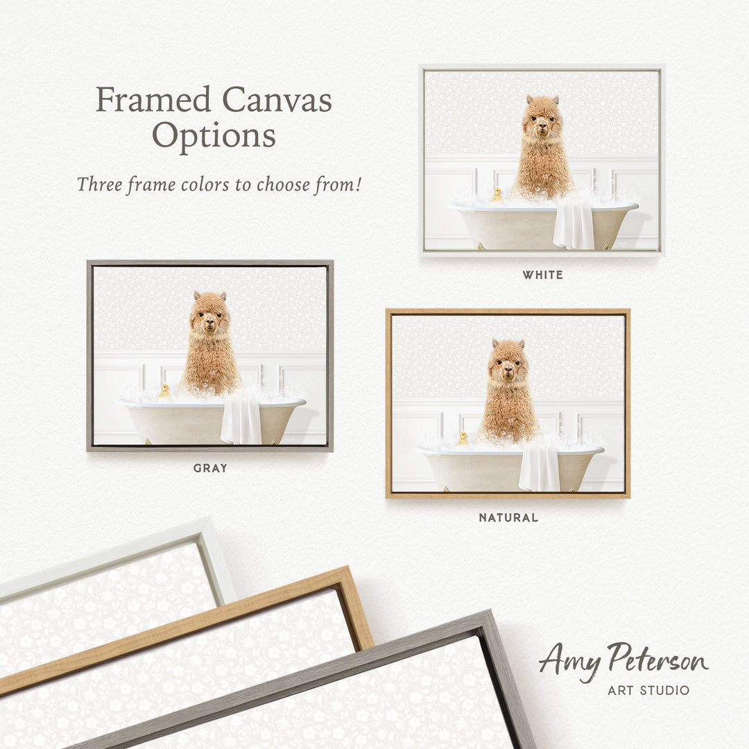 The image is a framed canvas option featuring a dog sitting in a bathtub, with three different frame colors to choose from: white, gray, and natural.