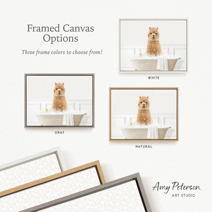 The image is a framed canvas option featuring a dog sitting in a bathtub, with three different frame colors to choose from: white, gray, and natural.