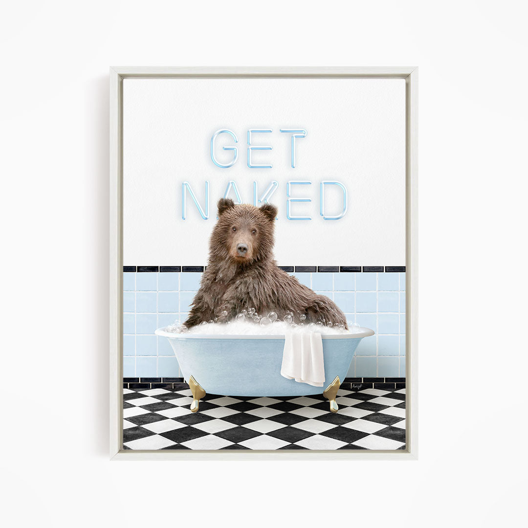 A brown bear sitting in a blue bathtub with a towel hanging from it, surrounded by a checkered black and white floor.