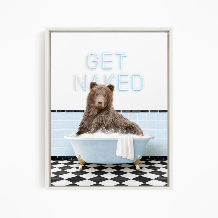 A brown bear sitting in a blue bathtub with a towel hanging from it, surrounded by a checkered black and white floor.
