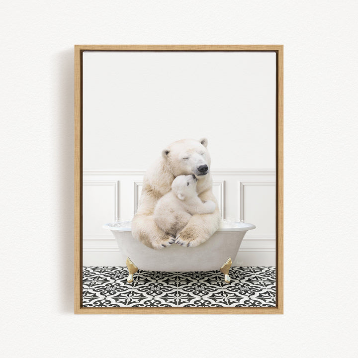 A polar bear sitting in a bathtub, with its head resting on a baby polar bear, creating a heartwarming scene.