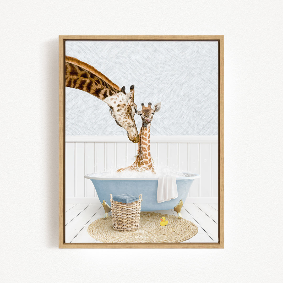 A mother giraffe and her baby giraffe enjoying a relaxing bath together in a blue tub, surrounded by a basket of toys and a yellow rubber duck.