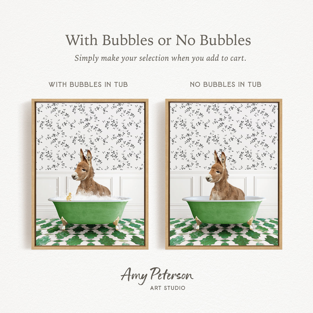The image is a collage of two pictures featuring a donkey sitting in a green tub. The donkey is surrounded by bubbles, creating a playful and whimsical scene. The collage is titled "With Bubbles or No Bubbles" and is created by Amy Peterson from Art Studio.