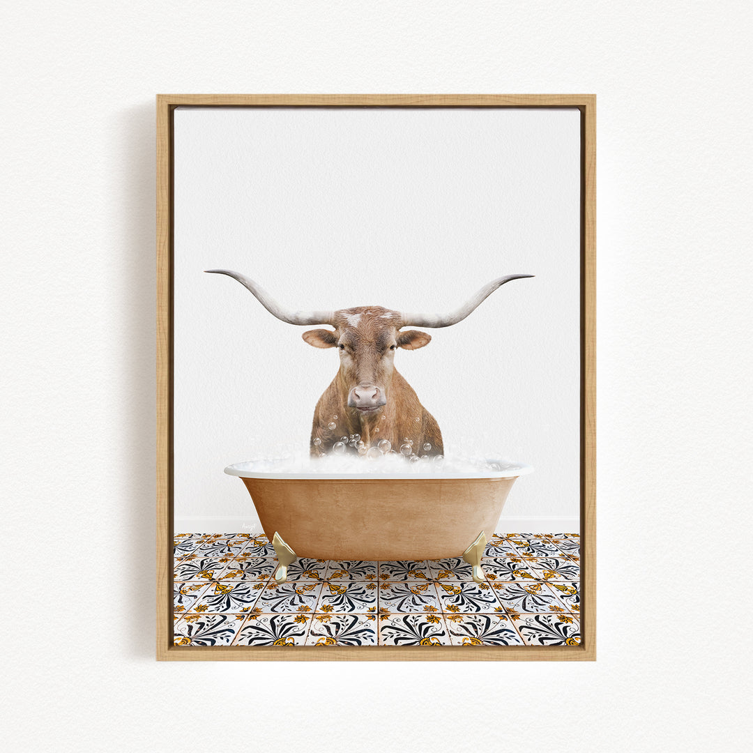 A brown bull with long horns is standing in a bathtub filled with water, creating a whimsical and playful scene.