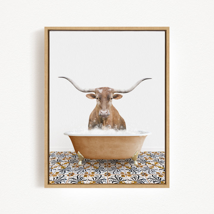 A brown bull with long horns is standing in a bathtub filled with water, creating a whimsical and playful scene.
