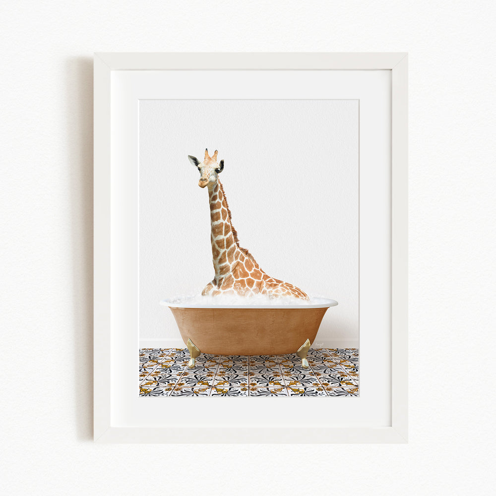 A giraffe sitting in a bathtub filled with water, surrounded by a patterned tile floor.