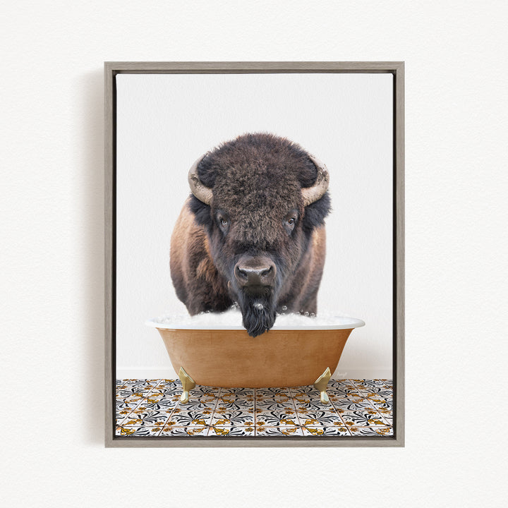 A buffalo with a long beard is standing in a bathtub filled with water, creating a humorous and unexpected scene.