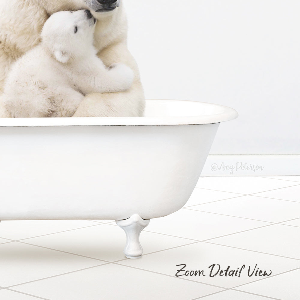 A mother polar bear and her cub cuddling in a white bathtub, with a tiled floor in the background.