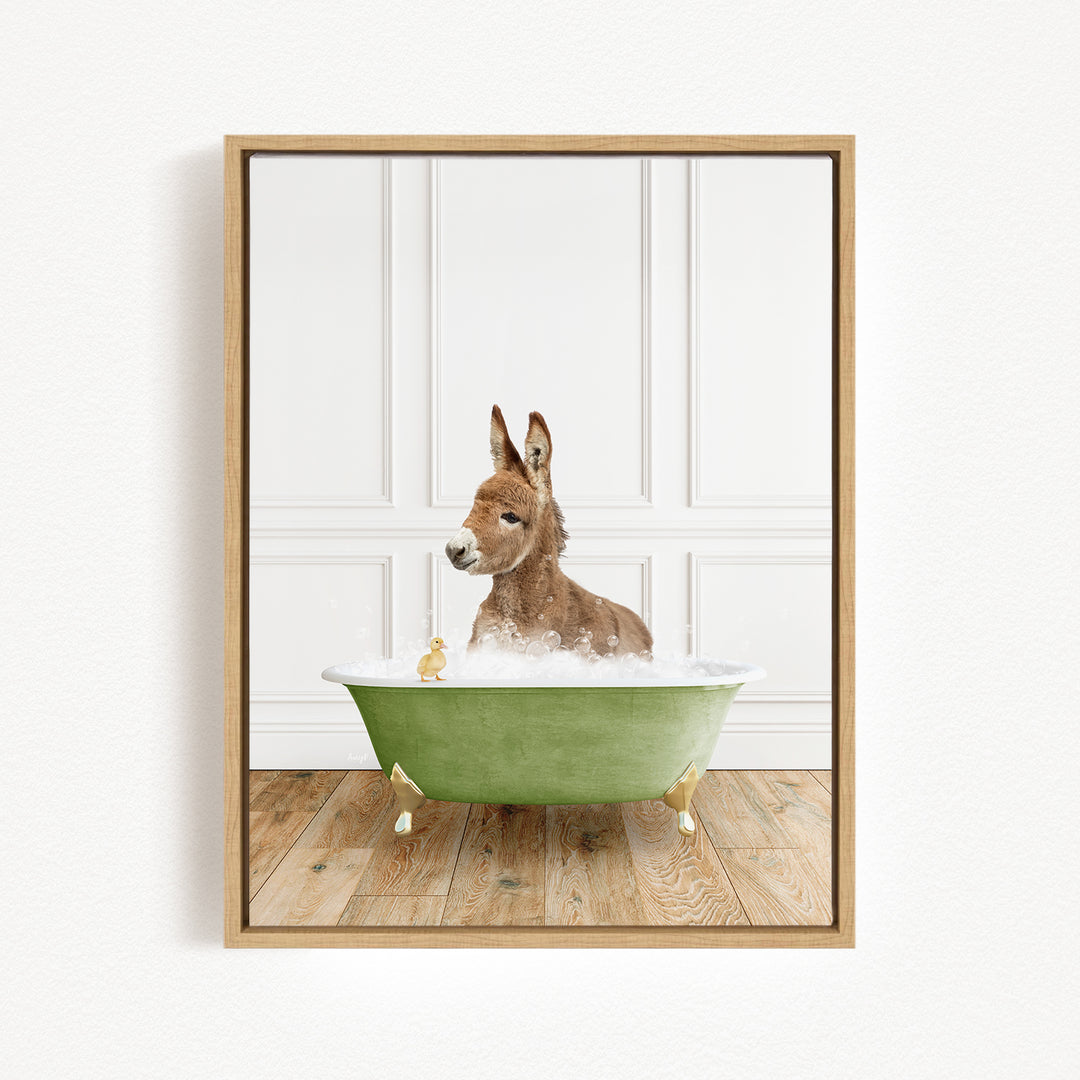 A donkey is sitting in a green bathtub filled with water, surrounded by a white wall and wooden floor.