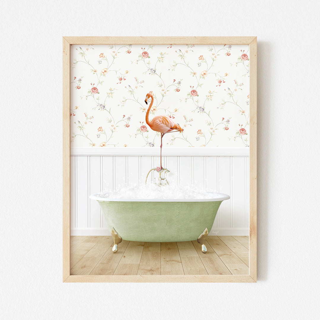 a pink flamingo standing on a bathtub in a bathroom