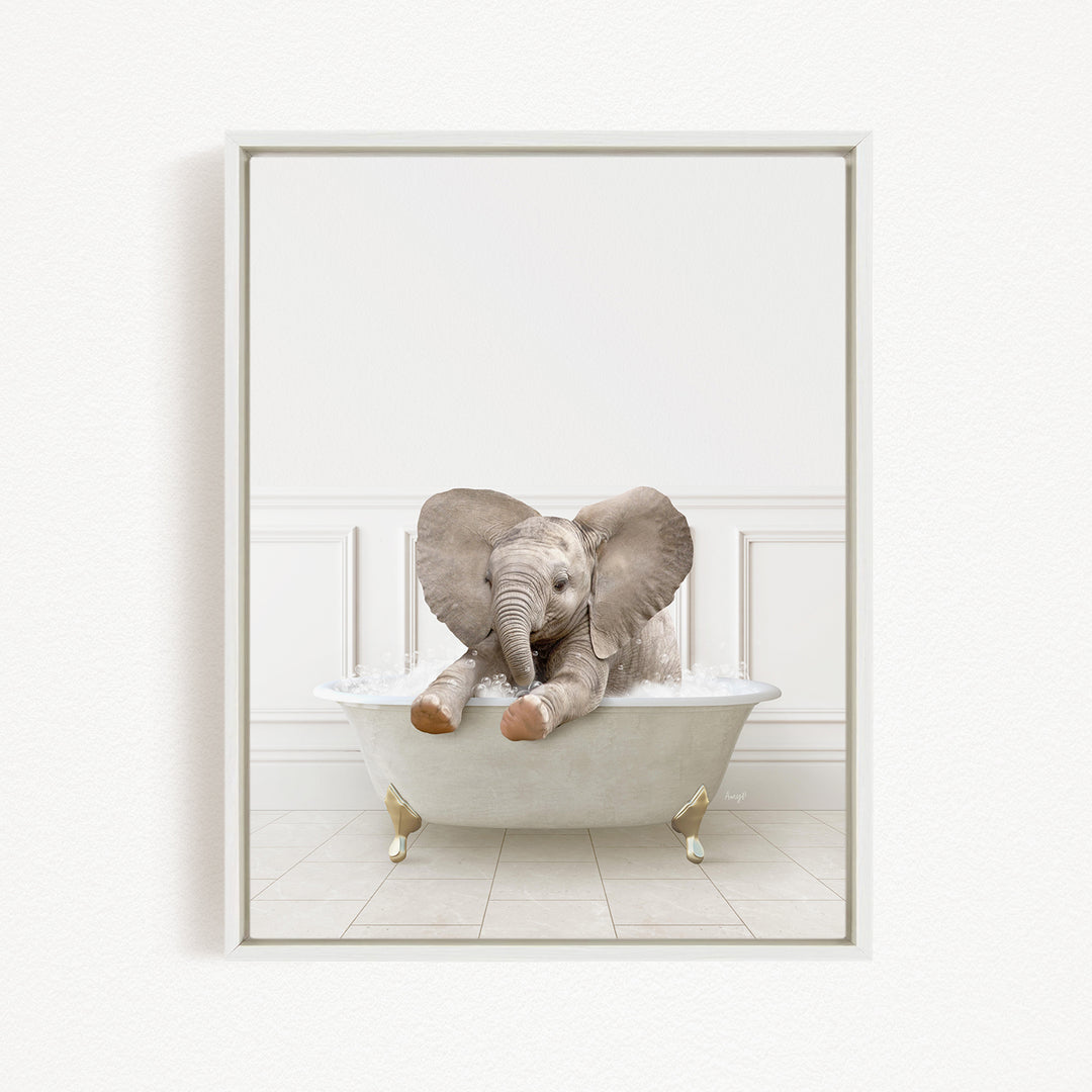 A baby elephant sitting in a bathtub filled with water, surrounded by a white wall and tiled floor.