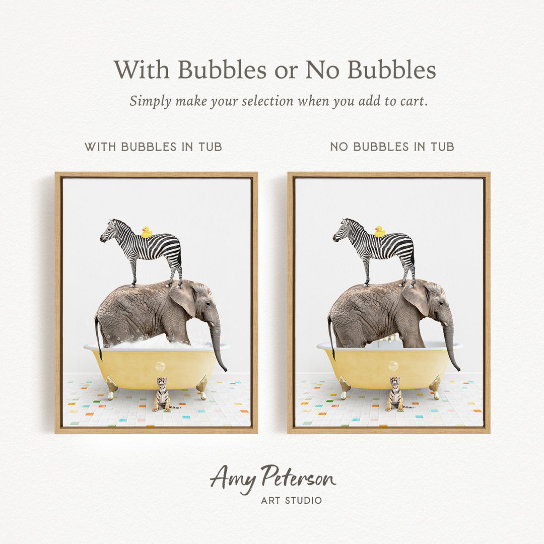 The image is a collage of two framed pictures, each depicting a zebra standing on the back of an elephant while they are both in a bathtub. The zebra is sitting on the elephant's back, and the elephant is sitting on the zebra's back. The collage is titled "With Bubbles or No Bubbles" and is created by Amy Peterson from Art Studio.