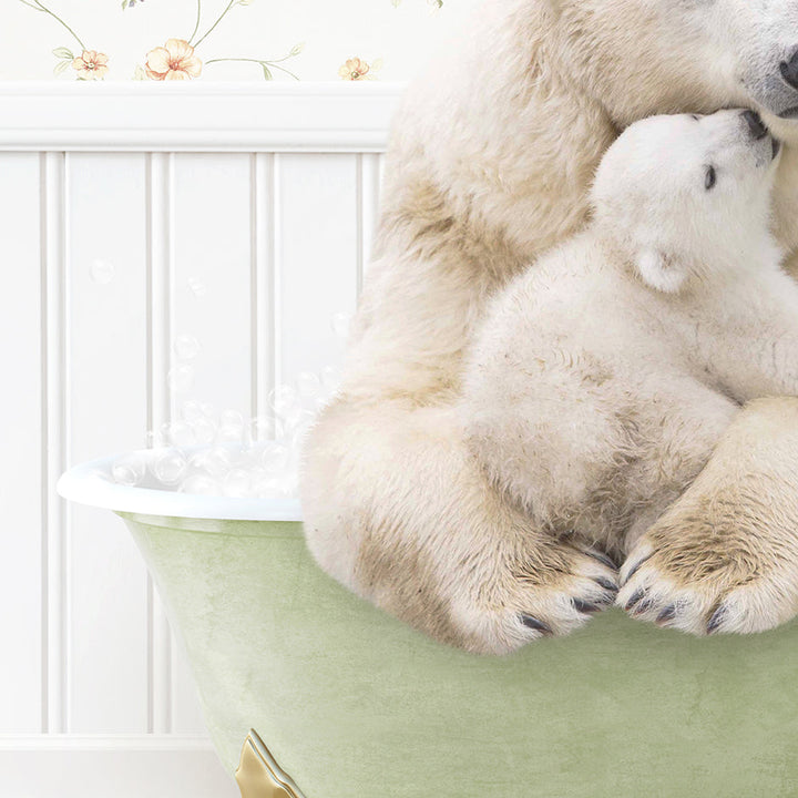 a mother polar bear cuddles her cub in a bathtub