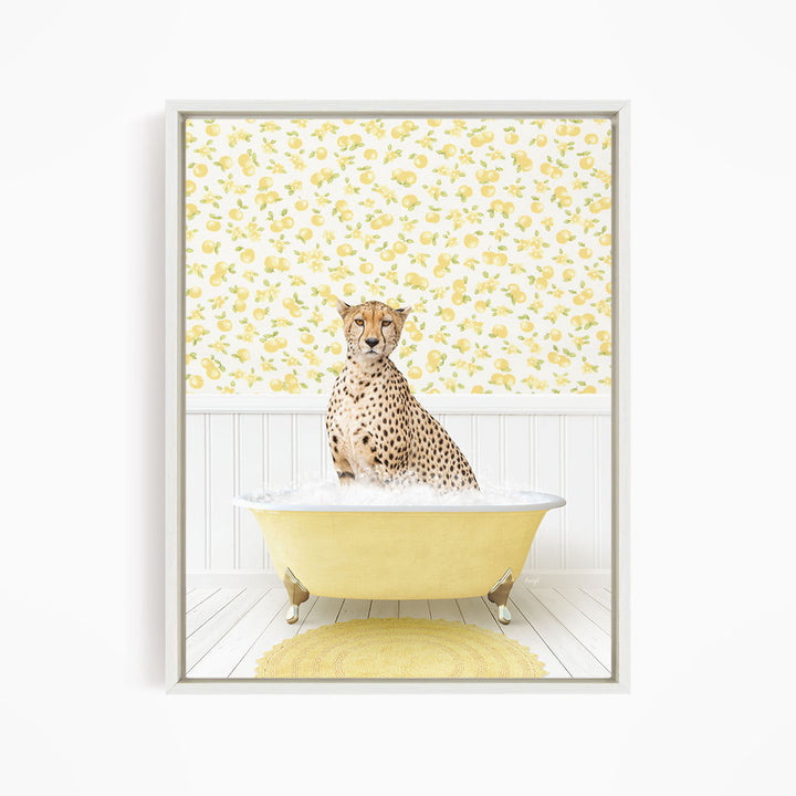 A cheetah sitting in a yellow bathtub filled with water, surrounded by a yellow and white floral patterned wall.