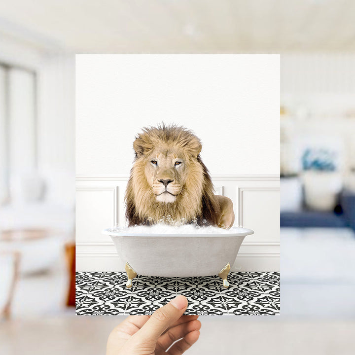 A lion sitting in a bathtub filled with water, surrounded by a black and white patterned floor.
