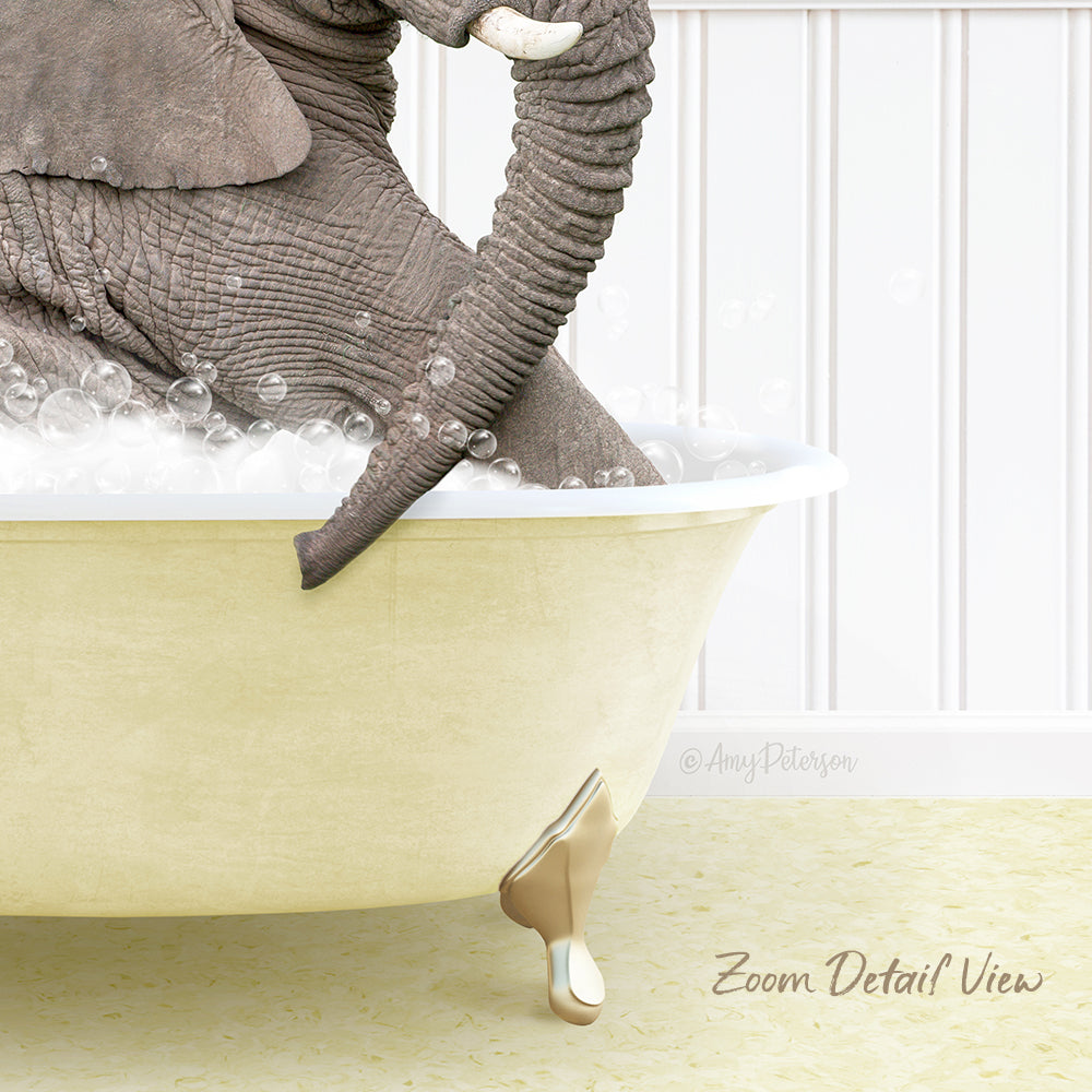 A large elephant is sitting in a bathtub filled with bubbles, creating a whimsical and playful scene.
