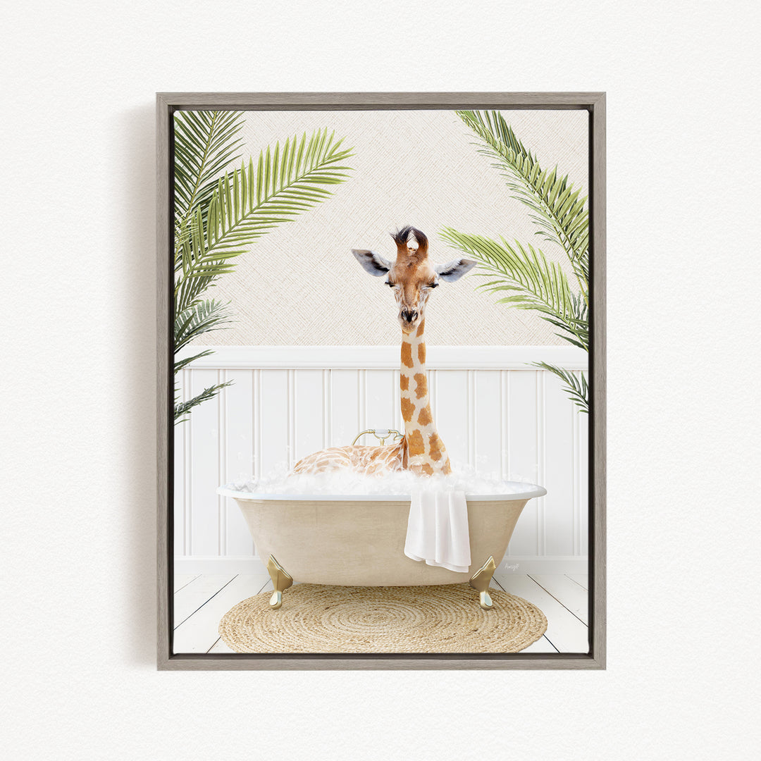 A giraffe sitting in a bathtub filled with bubbles, surrounded by palm leaves, creating a whimsical and playful scene.
