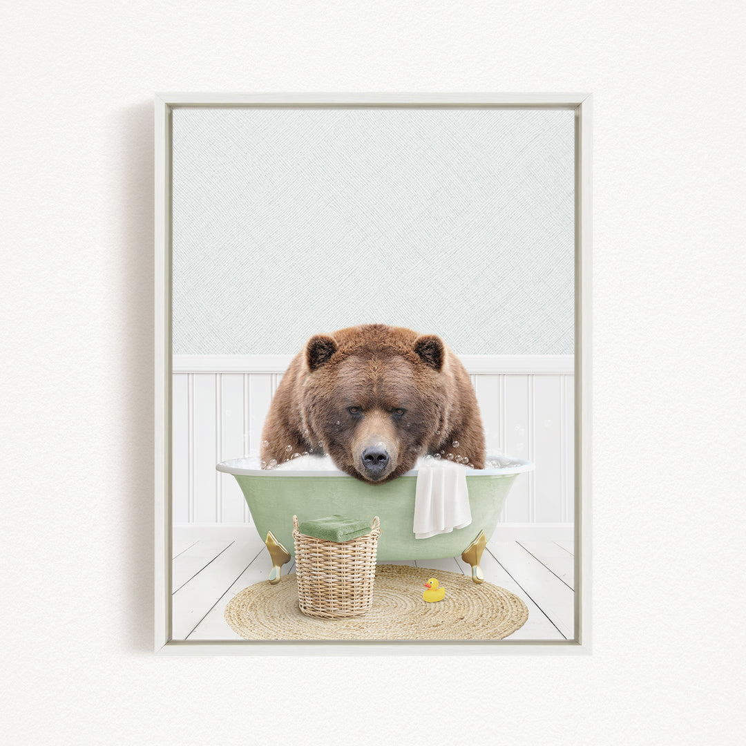A brown bear is sitting in a green bathtub filled with water, surrounded by various objects such as a basket, a towel, and a rubber duck.