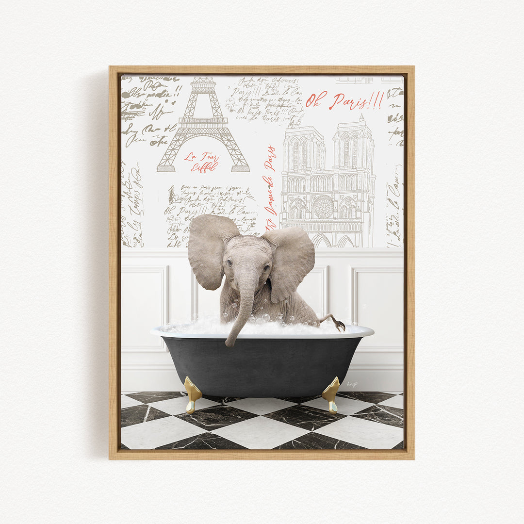 A gray elephant sitting in a black bathtub filled with water, surrounded by a checkered floor and a wall with the Eiffel Tower and other architectural drawings.