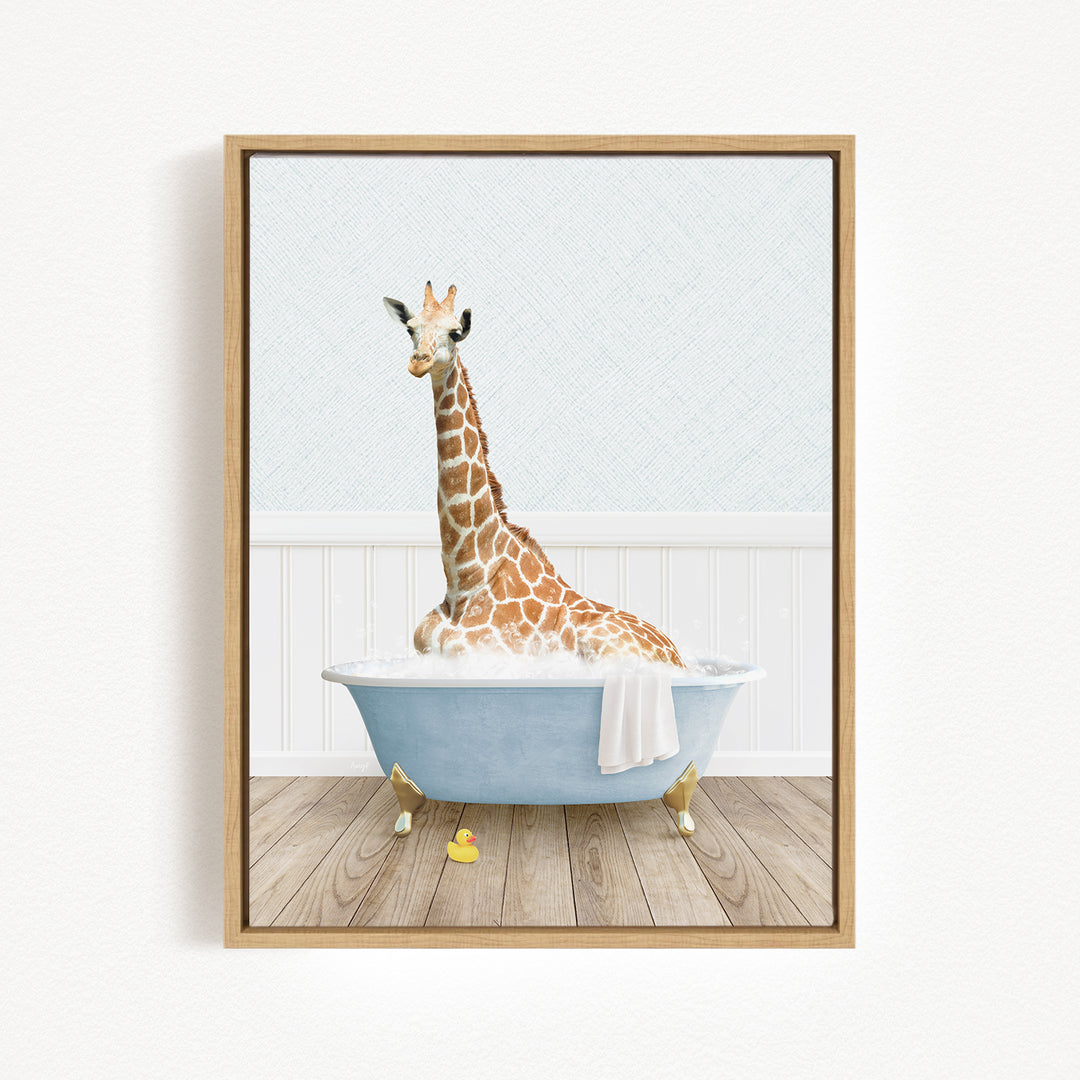 A giraffe is sitting in a blue bathtub filled with water, surrounded by a white wall and wooden floor.
