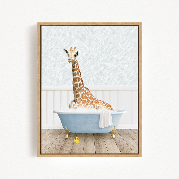 A giraffe is sitting in a blue bathtub filled with water, surrounded by a white wall and wooden floor.