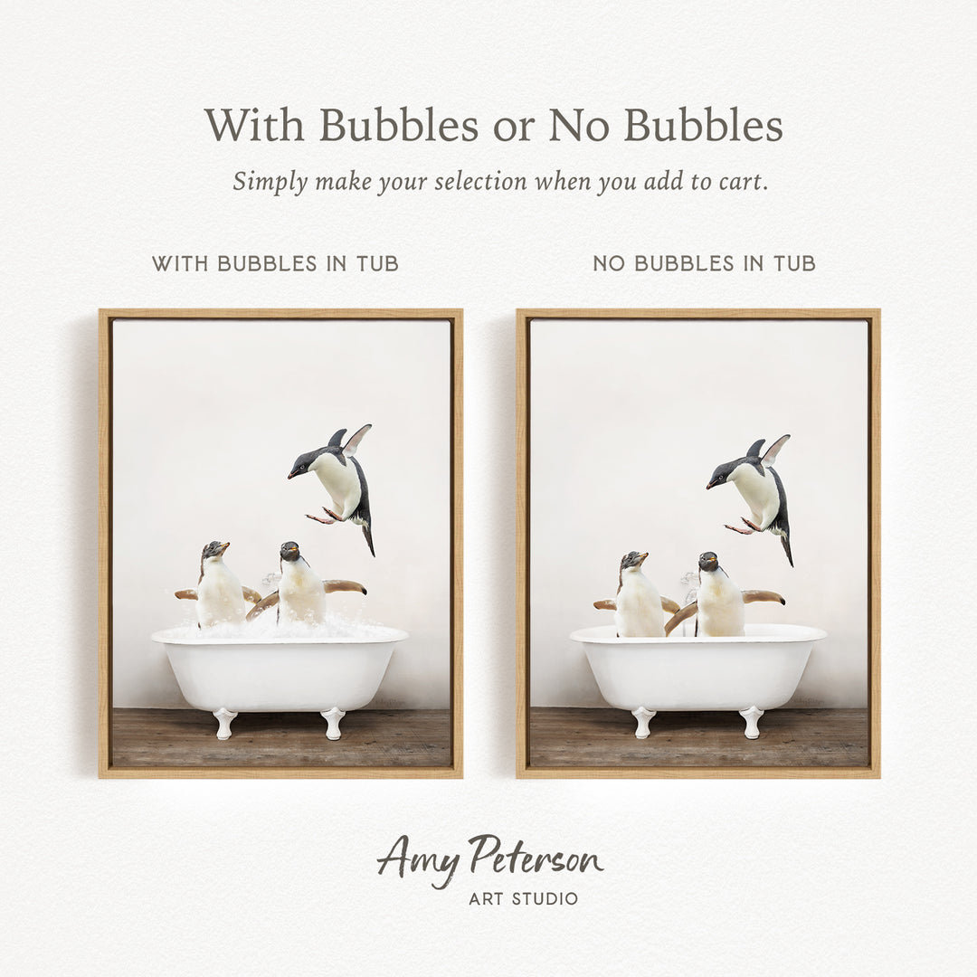 The image is a collage of two pictures, each depicting a penguin in a bathtub. The penguins are white and black, and they appear to be enjoying themselves in the tub. The collage is framed and includes text that provides information about the penguins and their bathtub.