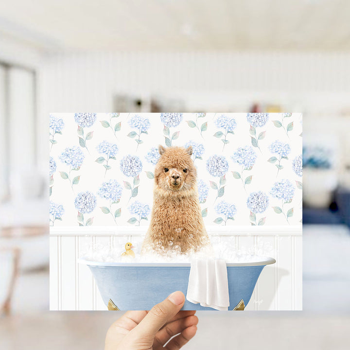 A small brown dog sitting in a blue bathtub filled with water, surrounded by blue flowers.