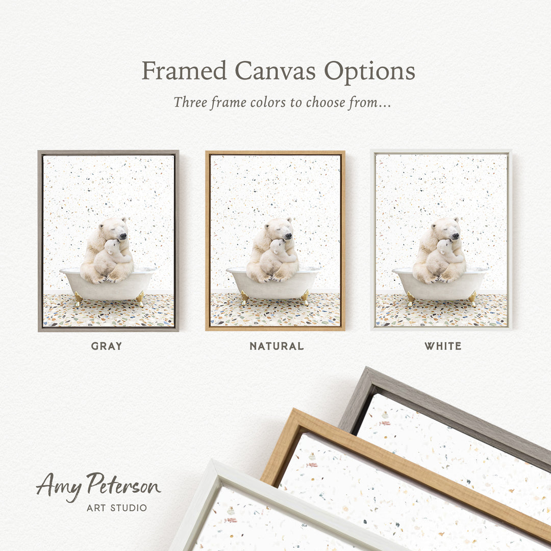The image is a framed canvas option showcasing three different color options for a painting of two polar bears in a bathtub.