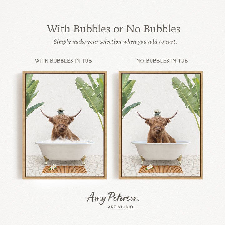 The image is a collage of two pictures featuring a Highland cow sitting in a bathtub. The cow is surrounded by tropical plants, creating a whimsical and playful scene.