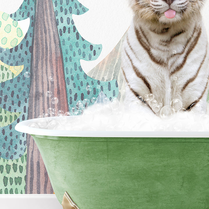 a white tiger sitting in a green bath tub