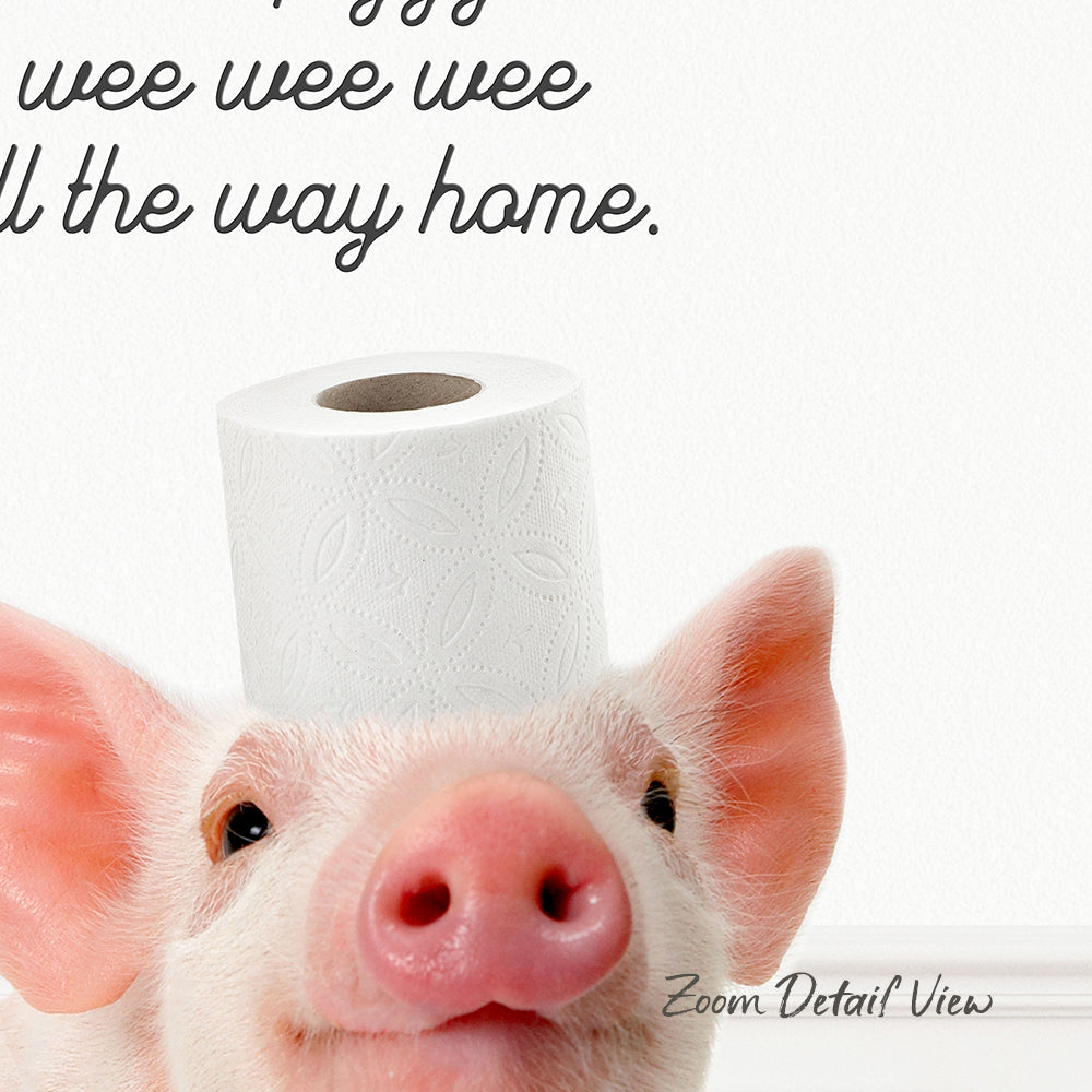 A pig with a roll of toilet paper on its head, looking directly at the camera with a humorous expression.
