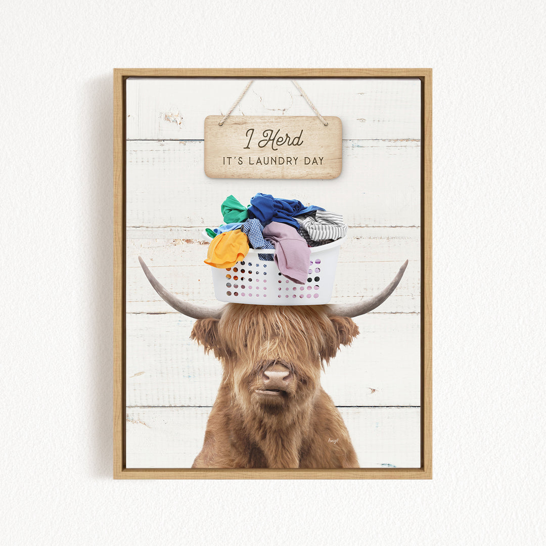 A framed image depicting a Highland cow with a basket of laundry on its head, accompanied by a wooden sign that reads "It's laundry day".