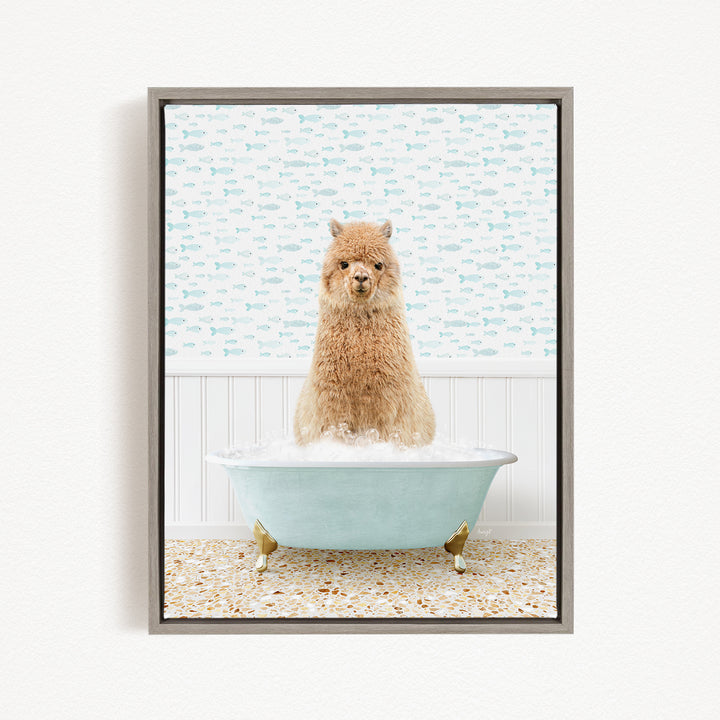 A fluffy brown dog sitting in a light blue bathtub filled with bubbles, with a patterned wall behind it.