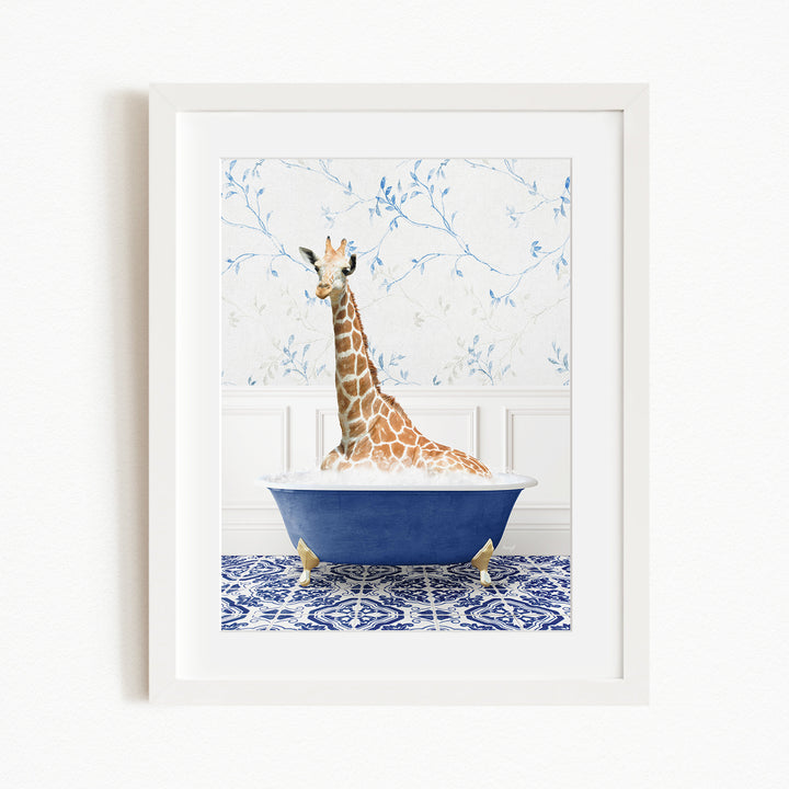A giraffe sitting in a blue bathtub, surrounded by a blue and white patterned floor.